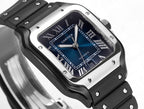 Cartier Santos watch close-up, blue dial with Roman numerals, dark case, black strap