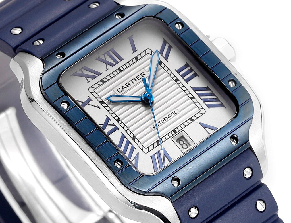 Cartier watch close-up: blue case bezel, white dial with Roman numerals and hands