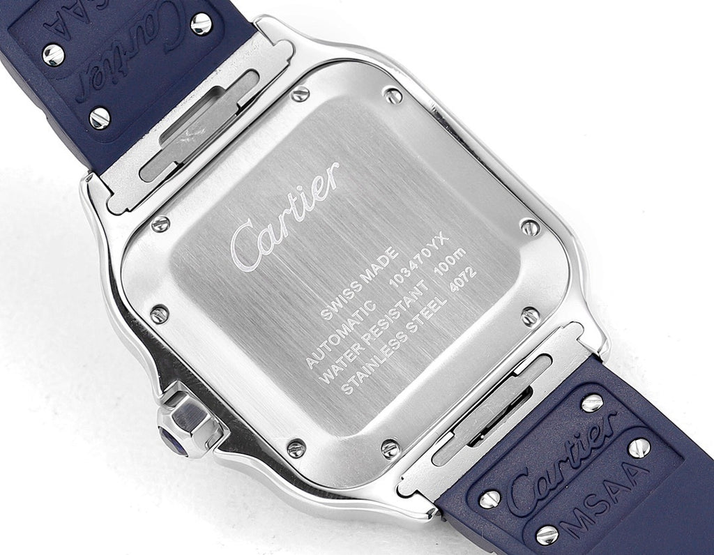 Cartier watch caseback in silver with Cartier logo and blue strap