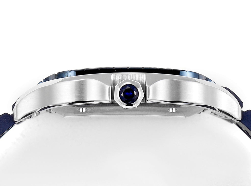 Cartier watch with silver case and blue cabochon crown, blue strap