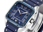Cartier watch with blue dial and blue strap, silver case with Roman numerals