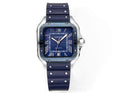 Cartier watch with blue strap and blue square dial in silver case, Roman numerals
