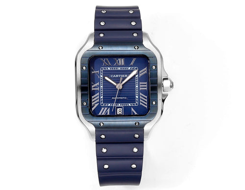 Cartier watch with blue strap and blue square dial in silver case, Roman numerals