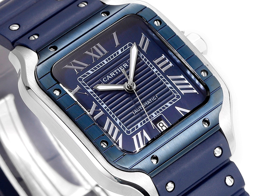 Cartier watch angle view: blue dial, silver hands, Roman numerals, blue strap