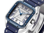 Cartier watch angle view: white dial, blue hands, Roman numerals, blue strap