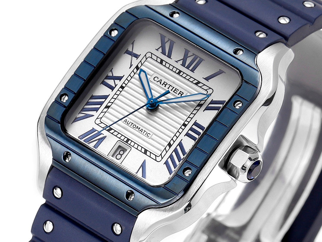 Cartier watch angle view: white dial, blue hands, Roman numerals, blue strap