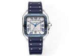 Cartier watch front view with blue strap and silver-toned case, blue dial