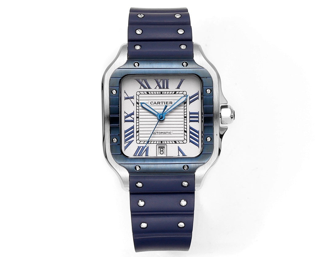 Cartier watch front view with blue strap and silver-toned case, blue dial