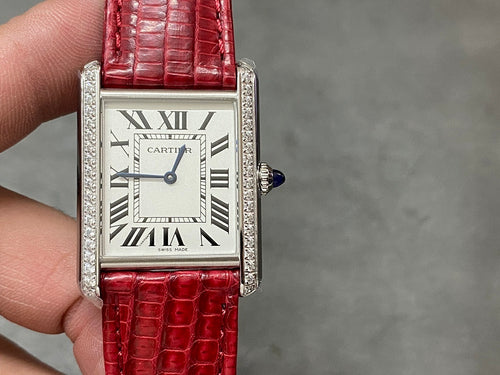 Cartier watch front view, red crocodile leather strap with square dial and Roman numeral markers