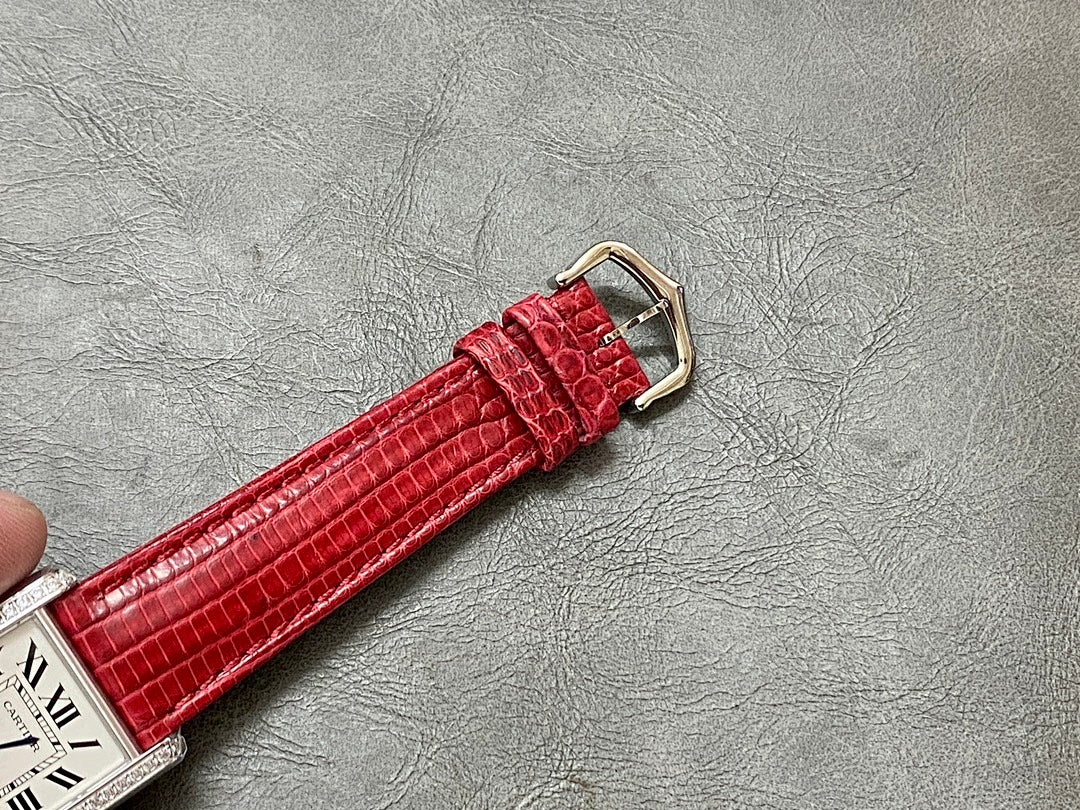 Cartier watch red crocodile leather strap with metal buckle clasp