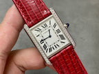 Cartier watch front angle with red crocodile leather strap and jeweled silver bezel