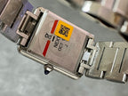 Stainless steel watch caseback with QR code label and clasp mechanism