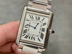Rectangular stainless steel wristwatch with Roman numeral dial and blue hands