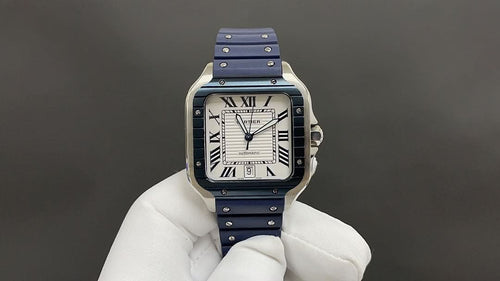 Wristwatch with blue strap and gold-tone square case, Roman numerals and blue hands