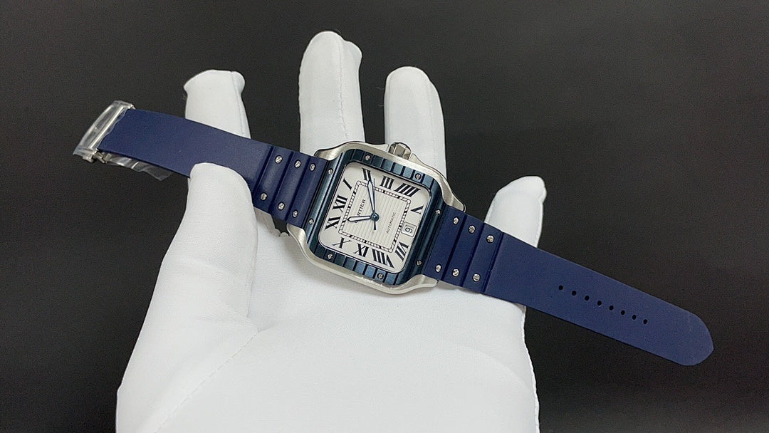 Wristwatch on blue strap with gold-tone square case, Roman numerals on dial