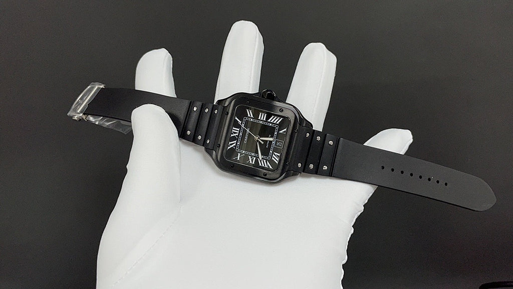 Cartier watch on black leather strap with Roman numeral dial, laid across white glove.