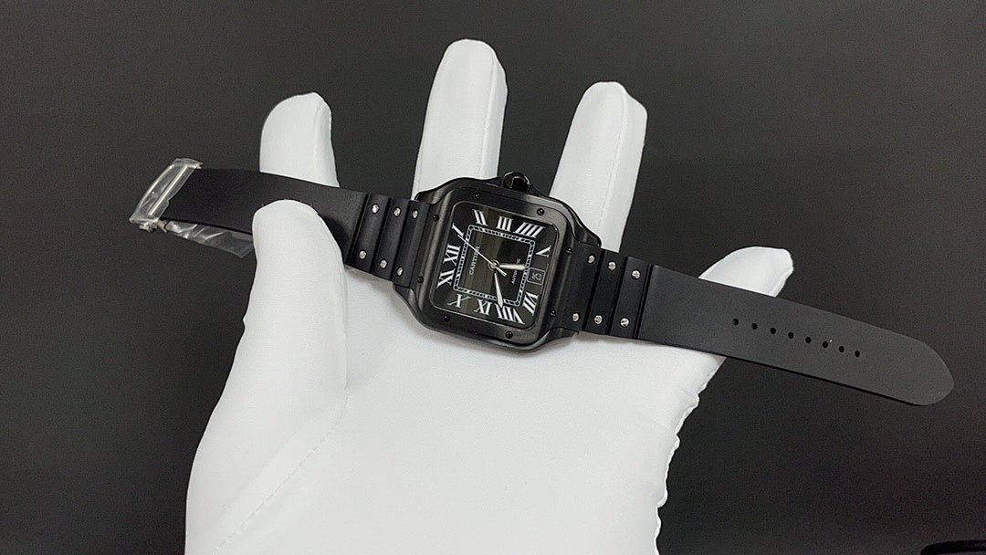 Cartier watch on black leather strap with Roman numeral dial, laid across white glove.