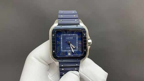 Blue-dial Cartier watch with Roman numerals, silver square case, blue strap