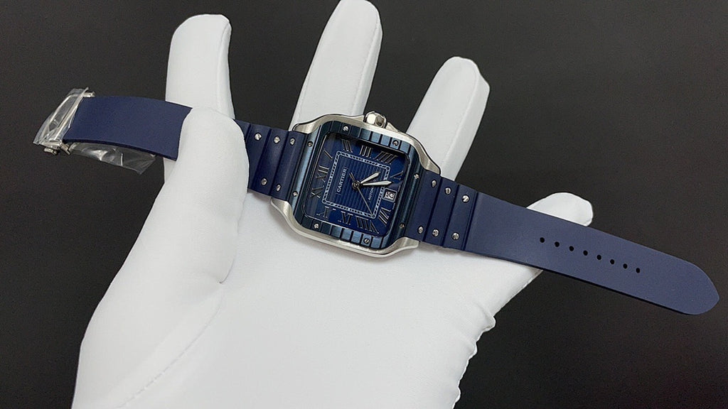 Blue strap Cartier watch with square case, full band shown with clasp end