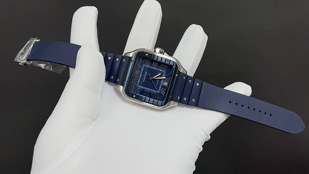 Blue strap Cartier watch with square case, full band shown with clasp end