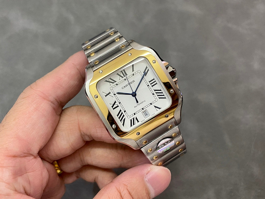 Cartier rectangular watch on metal bracelet with gold bezel and roman numeral dial