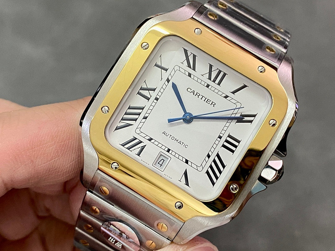 Cartier rectangular watch with gold-and-steel frame, roman numeral dial, blue hands