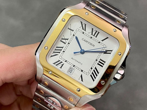 Cartier rectangular watch with gold-and-steel frame, roman numeral dial, blue hands