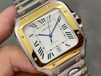 Cartier rectangular watch dial close-up with roman numerals and blue center hand