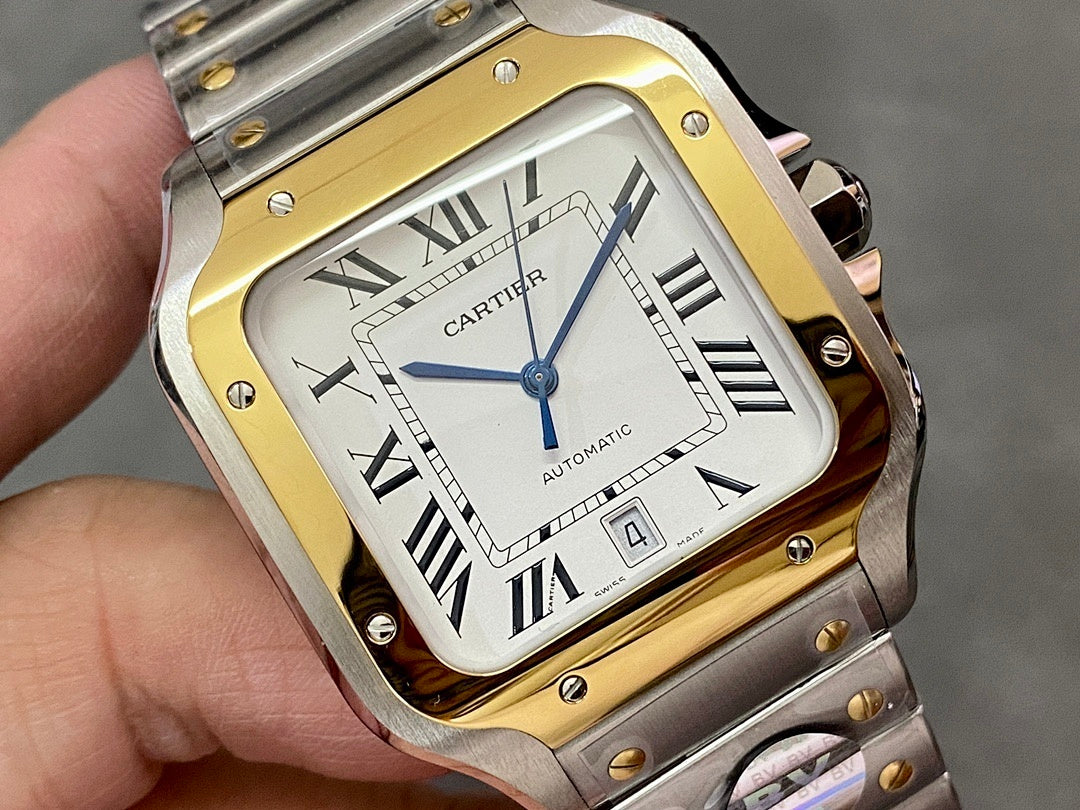Cartier rectangular watch dial close-up with roman numerals and blue center hand