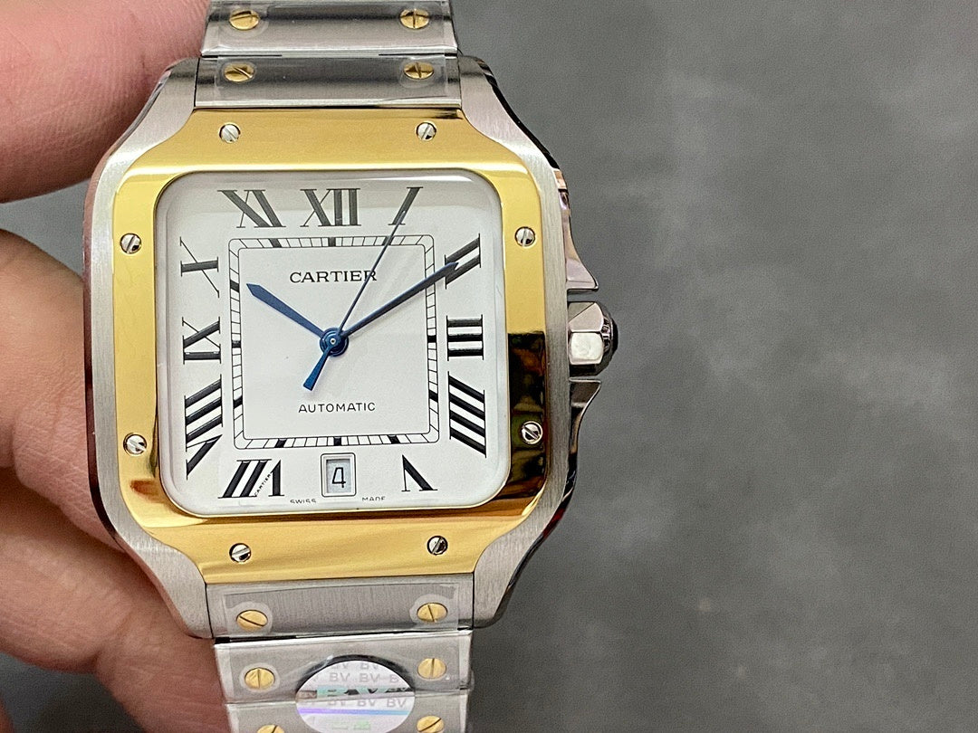 Cartier gold-and-steel rectangular watch with roman numeral dial and blue hand, date shown