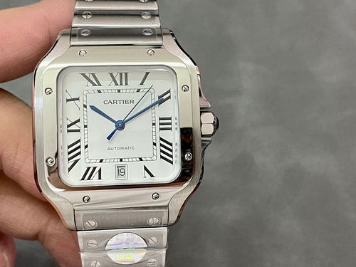 Square silver Cartier wristwatch front view with Roman numeral dial and date window