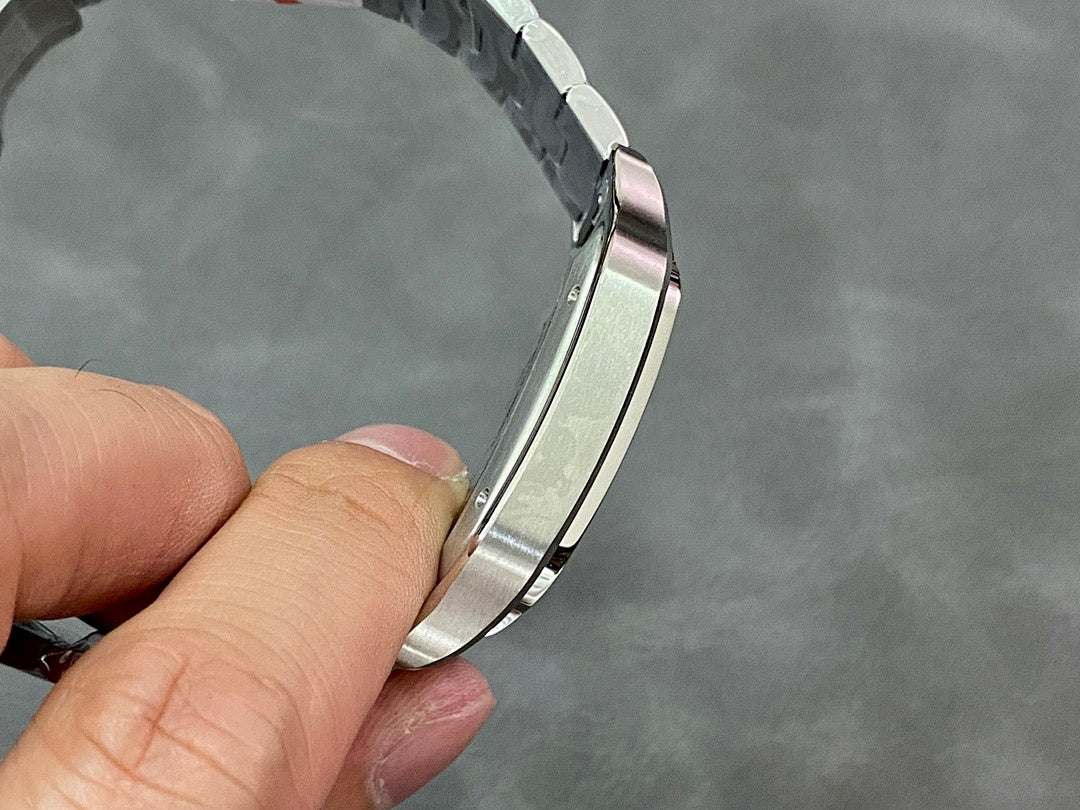 Silver metal watch bracelet link section, close-up
