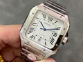 Square silver Cartier wristwatch with Roman numeral dial and blue clock hands