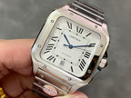 Square silver Cartier wristwatch with Roman numeral dial and blue clock hands