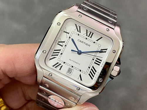 Square silver Cartier wristwatch with Roman numeral dial and blue clock hands