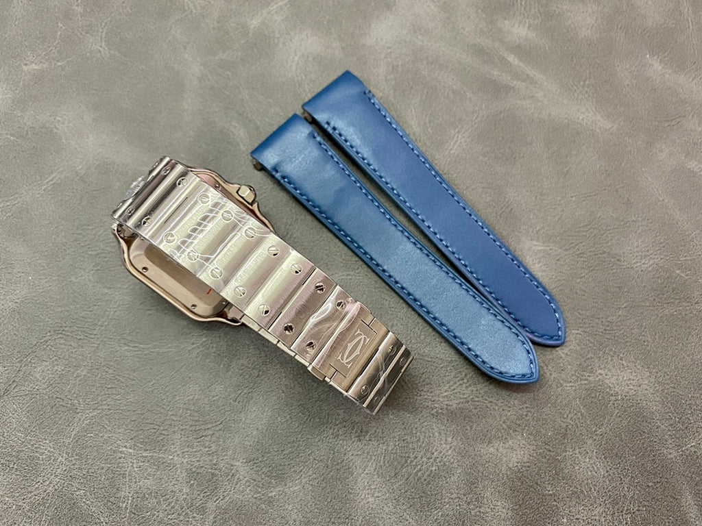 Cartier Santos watch clasp with blue leather strap
