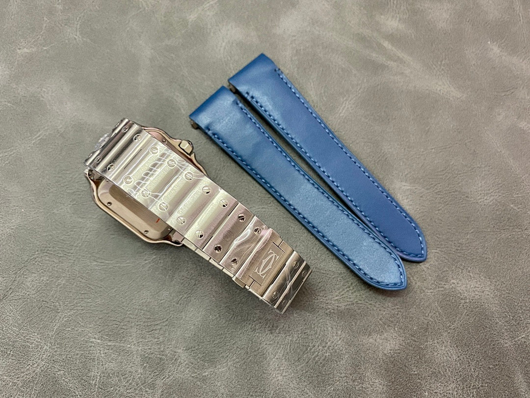 Cartier Santos watch clasp with blue leather strap