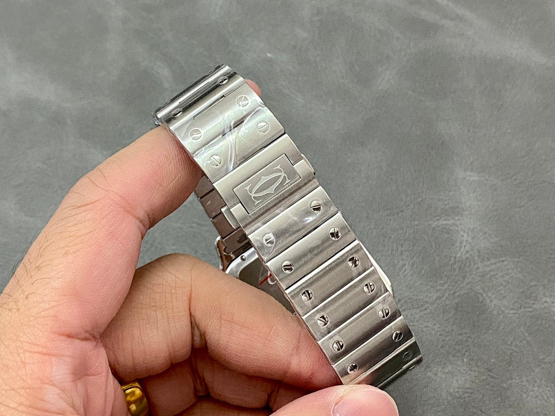 Cartier Santos watch back view with silver metal bracelet