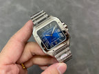 Cartier Santos watch front view with silver case and blue dial