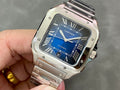 Cartier Santos watch with silver case, blue dial, and metal bracelet