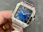 Cartier Santos watch with silver case, blue dial, and metal bracelet