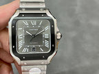 Square wristwatch with black dial, Roman numerals, and steel case with bracelet