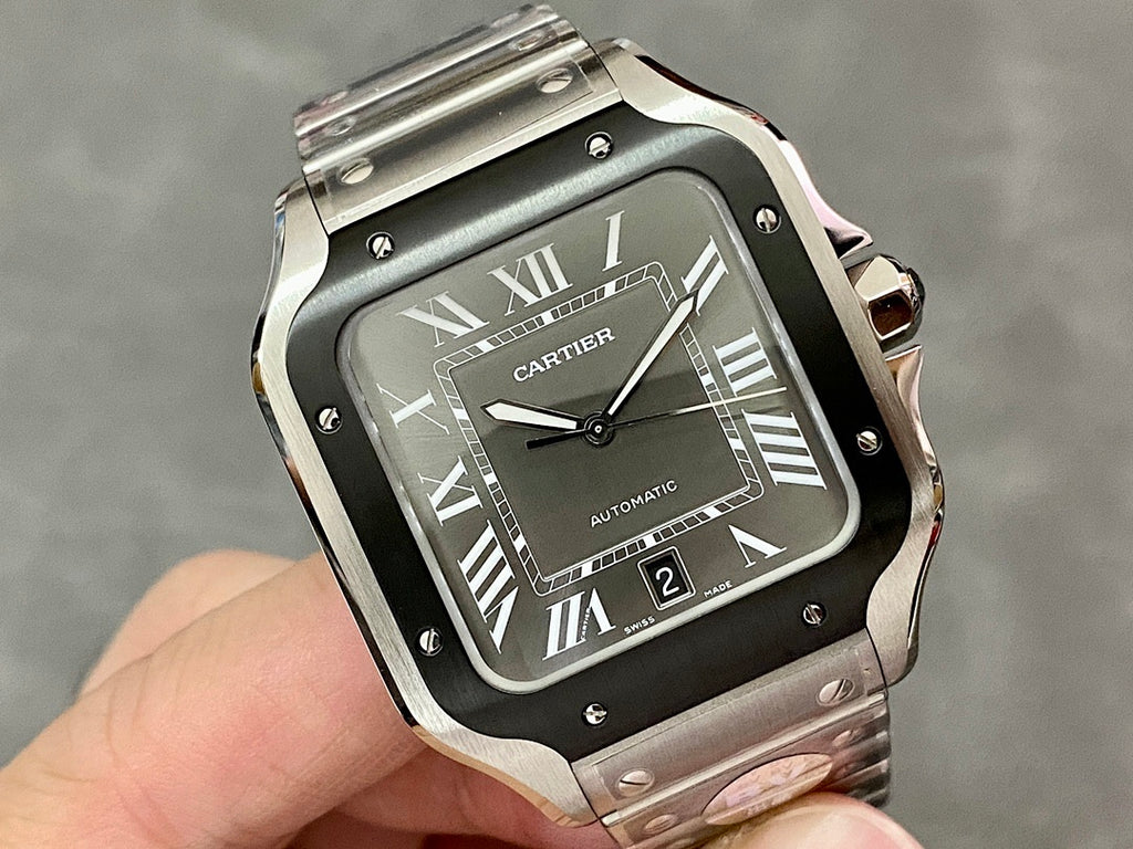 Square wristwatch with black dial and Roman numerals, steel case and bracelet