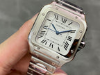 Stainless steel Cartier watch with white dial, Roman numerals, and blue seconds hand