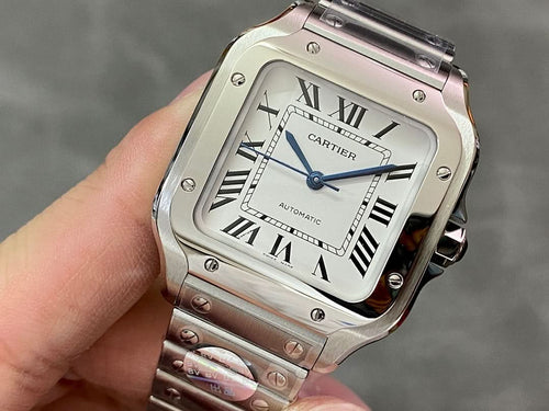 Stainless steel Cartier watch with white dial, Roman numerals, and blue seconds hand