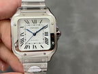 Cartier watch with white dial, Roman numerals, and stainless steel bracelet