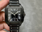 Cartier watch front view with black dial, Roman numerals, date window, and black strap.