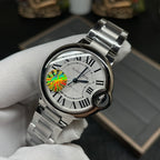 Cartier watch with silver stainless-steel bracelet and round white dial, Roman numerals