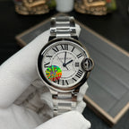 Cartier watch with silver bracelet, round white dial, Roman numerals and second marker