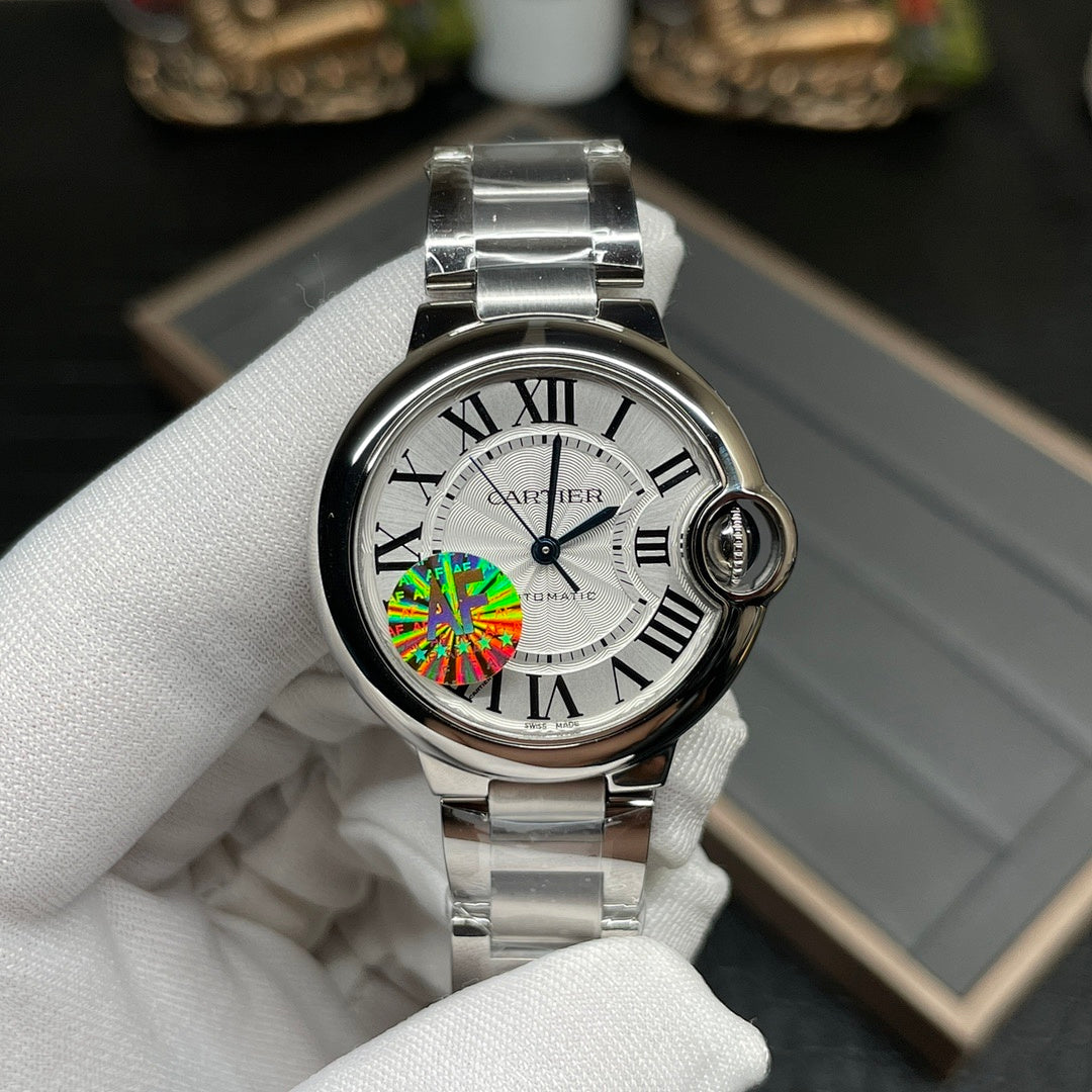 Cartier watch with silver bracelet, round white dial, Roman numerals and second marker